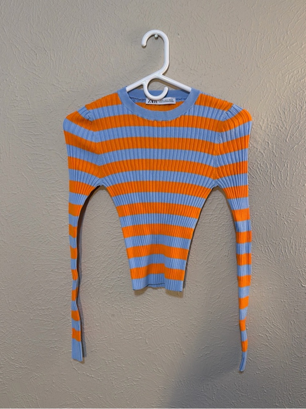 Zara Striped Ribbed Crewneck Top - Light Blue & Orange